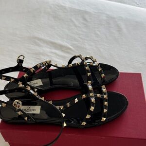 Valentino Black Patent Leather Studded Flat Sandals rubber